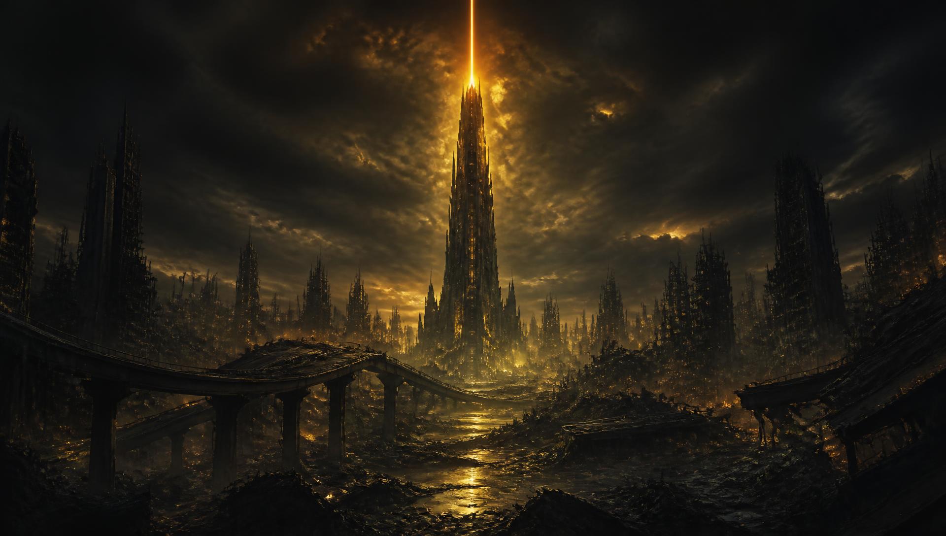 The Immortal Beauty Tower rising over the ruins of Los Angeles at night in 2379 AD